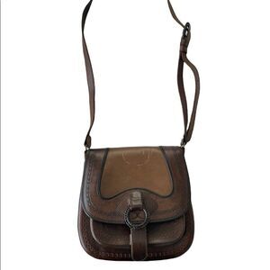 Anna Cainzo Culturas Del Sol Embossed Brown Leather Satchel Crossbody